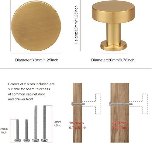 Miniatura 2 de TUNNY Paquete de 10 pomos redondos de un solo agujero para gabinete, latón cepillado sólido, perillas de cajón, herrajes simples para cajones de