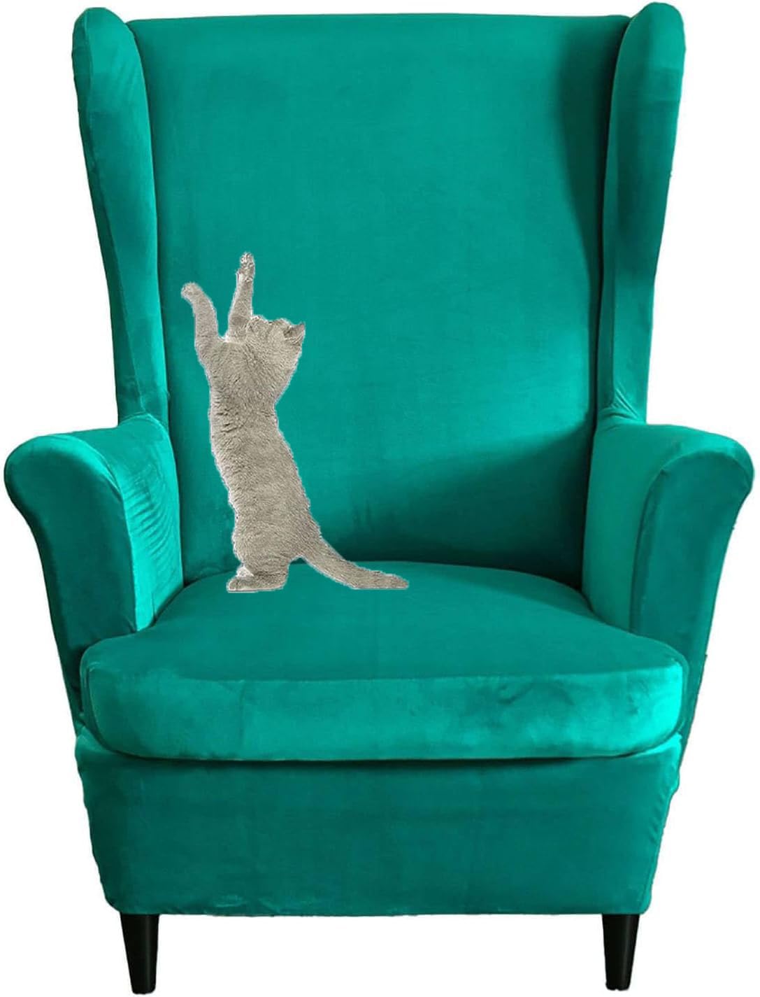 HACLEN Velvet Wingback Chair Cover 2 Pieces, Wingback Armchair Slipcover Stretch Wing Chair Cover Removable for Living Room (Green,one size)