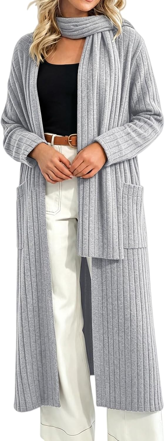 Long Sweater Cardigan Women Cable Knit Side Slit Chunky Cardigan with Scarf | Fall Winter Loose Open Front Oversized Sweater Trendy Casual Drape Knitted Duster Coat Long Sleeve V Neck Cardigans
