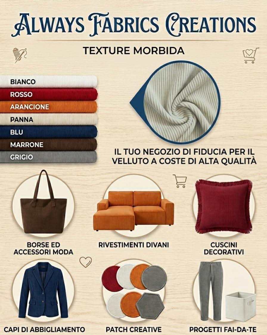 Always fabrics - Tessuto Velluto a Coste al Metro - Stoffa Elasticizzata Pesante 380g/m² - Altezza 140cm - Per Abbigliamento, Rivestimento Cuscini e Arredo Casa (Bianco, 5 Metri)