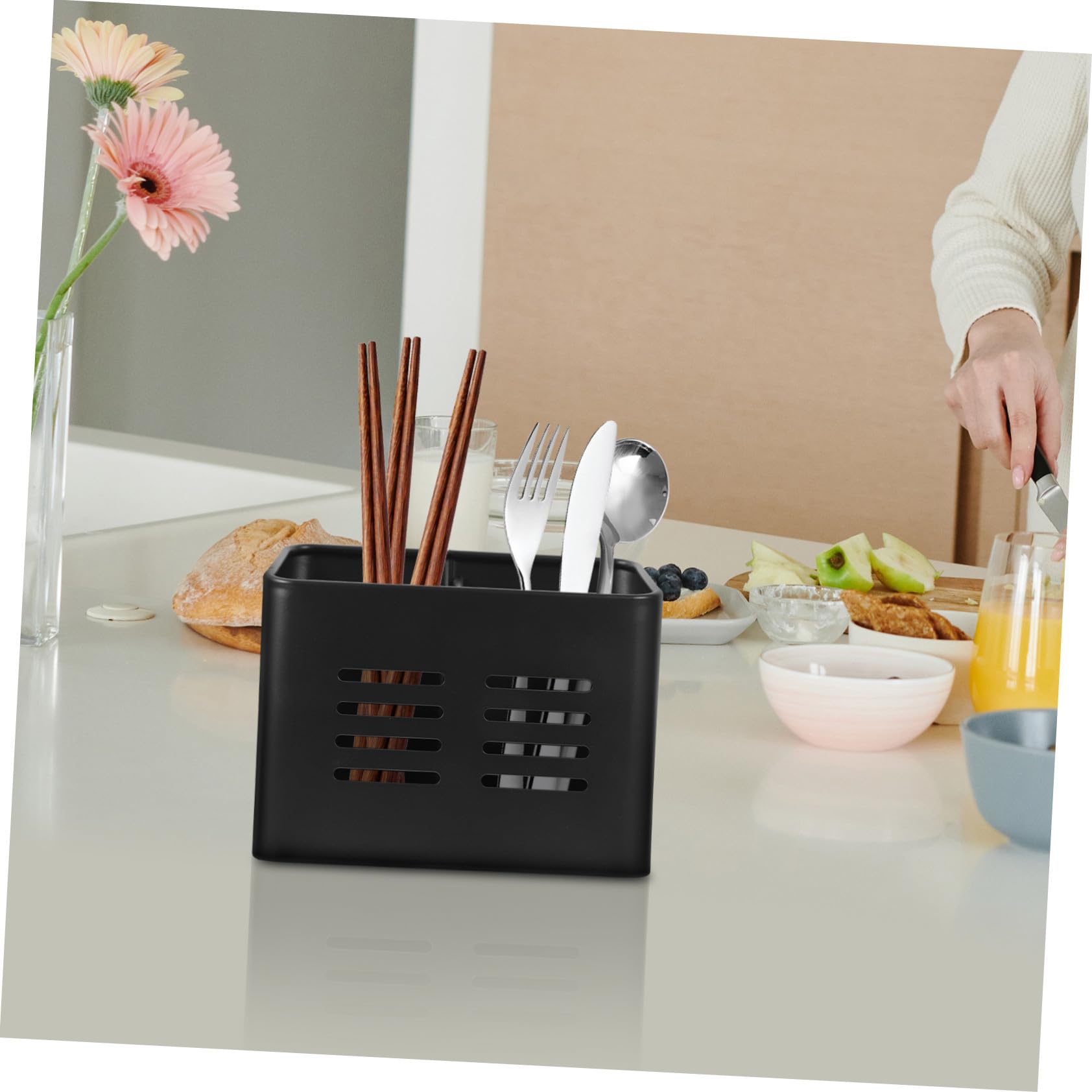 Porte-ustensiles Support de Fourchettes Noir en Acier Inoxydable Robuste Trous D'évacuation Simple et Élégant pour Égouttoir à Baguettes Cuisine Moderne