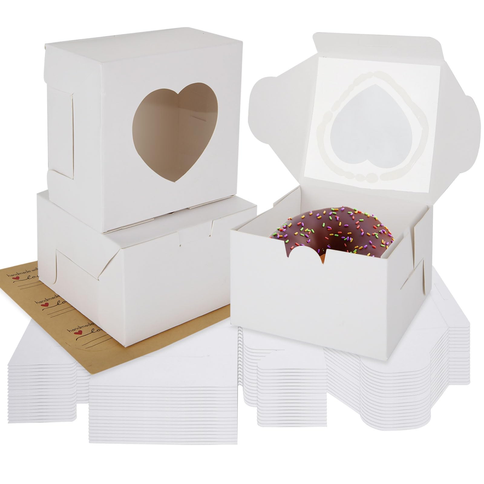 100 Pack Cake Box, 4 Inch Small Cake Boxes with Window, White Cupcake Boxes Individual Bakery Boxes Cookie Box Brownie Boxes with Stickers for Cupcakes Cookie Donuts, 10x10x6.5cm