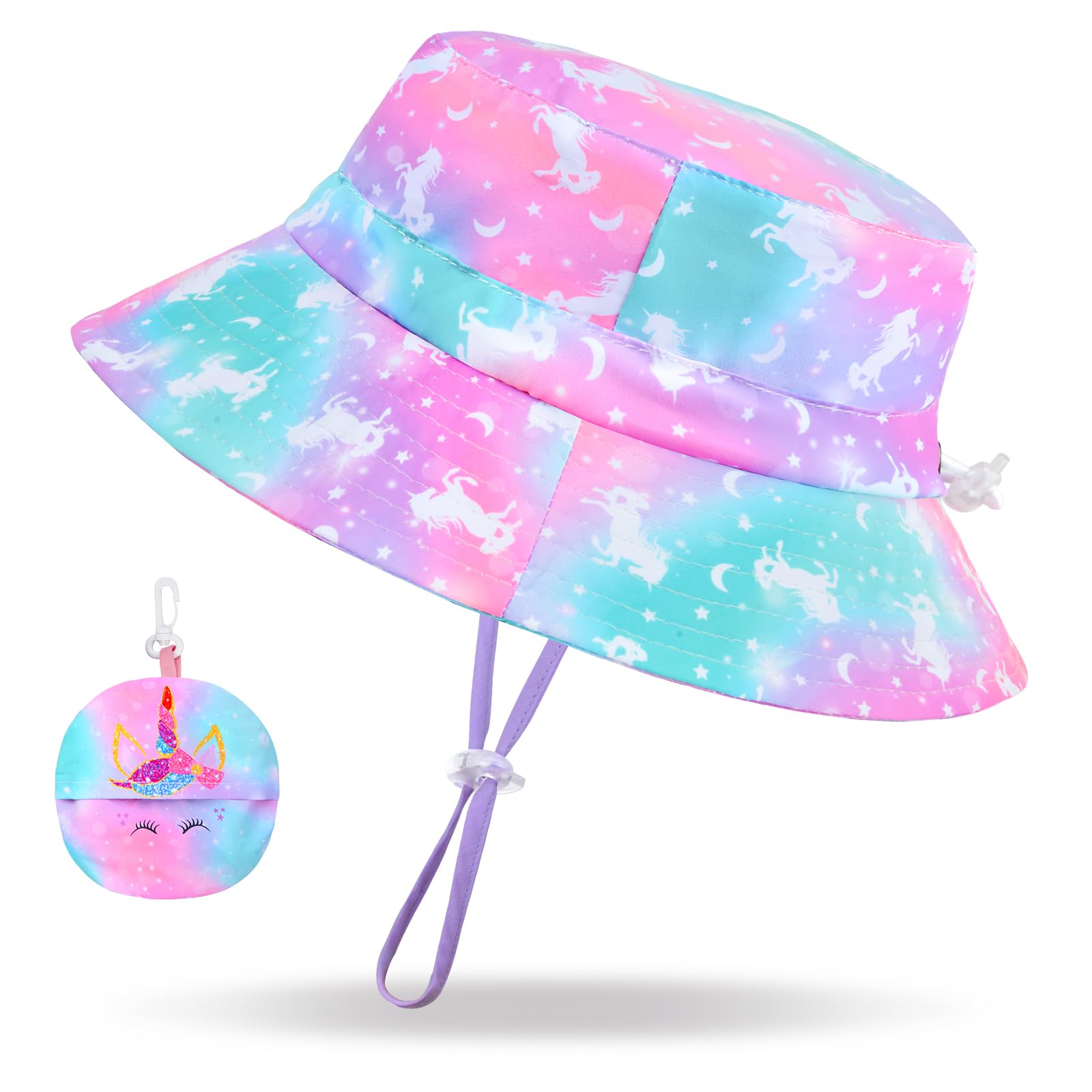 Girls Sun Hat for Kids UV Protection Unicorn Summer Hat Beach Play Hats Wide Brim Neck Flap for Girls Ponytail Hat 2-7 Years