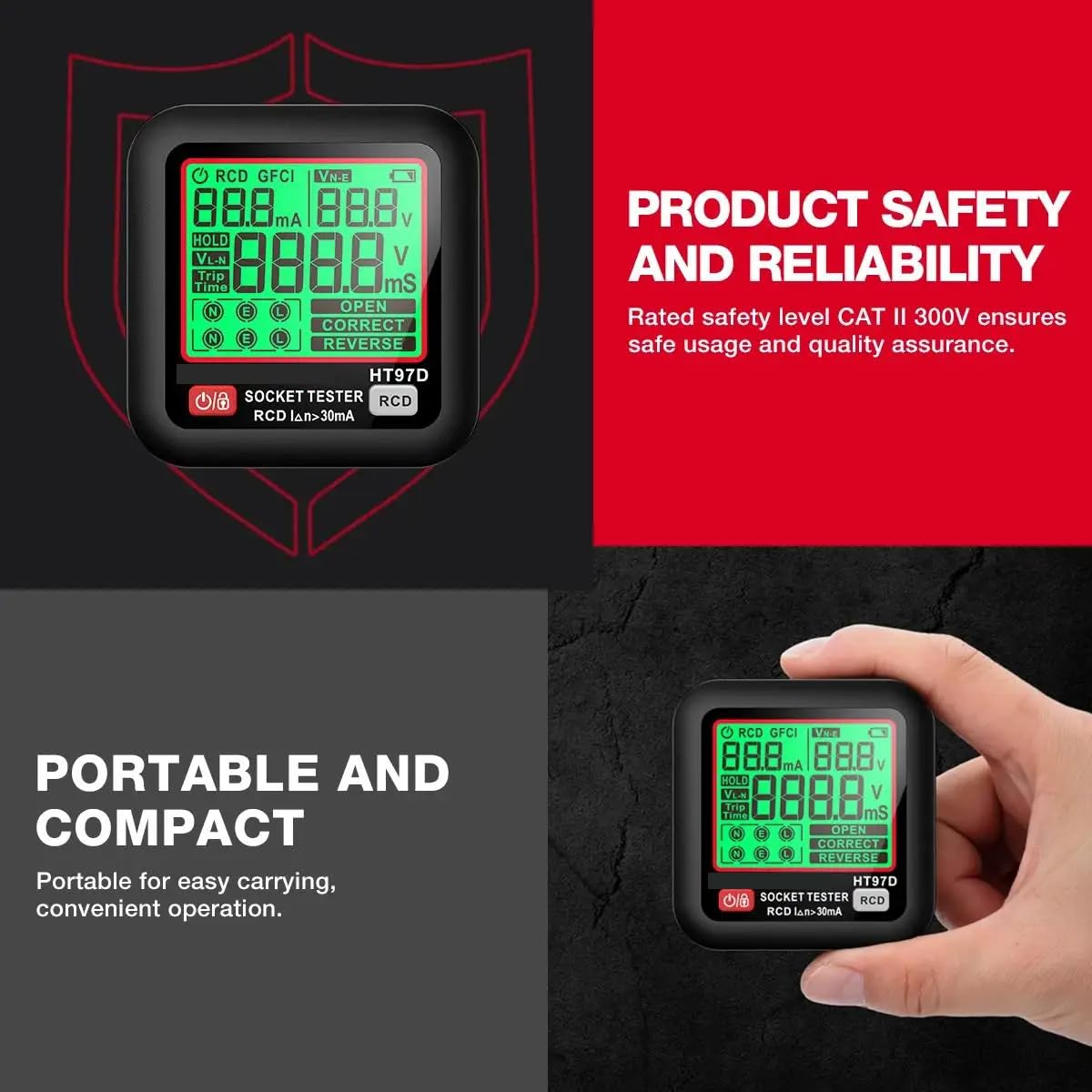DollaTek Tester de Enchufe Profesional D9B Detección RCD/GFCI Display LCD Voltaje/Frecuencia 6-Alambre Diagnóstico Fallos 90-250V Analizador para enchufes EU Certificación EN61326