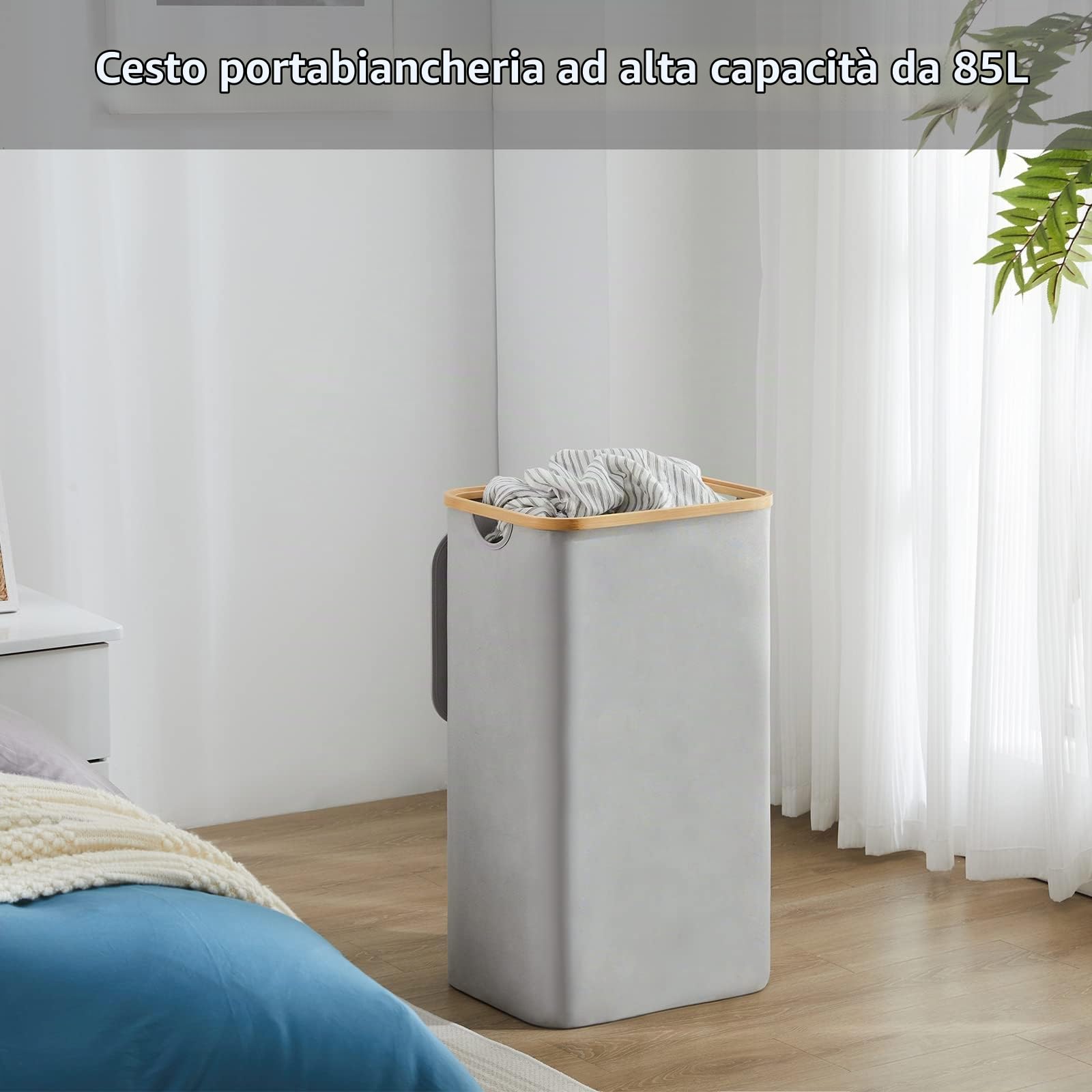 YOUDENOVA - Cesto portabiancheria con coperchio, 85 l, stretto, con sacco grande per la biancheria, pieghevole, in legno di bambù, grigio
