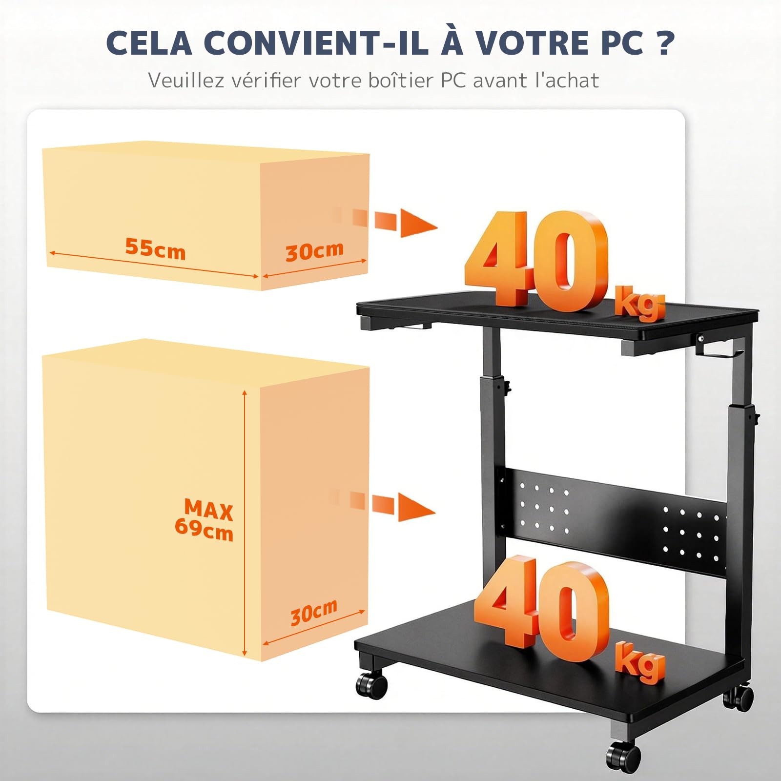 PUTORSEN Support Tour PC Réglable Hauteur à 2 Niveaux, avec Roulettes et Tapis de Souris, Support PC sous Bureau pour Boîtier ATX jusqu'à 40kg/Niveau, Support pour Imprimante de Bureau Domestique,Noir