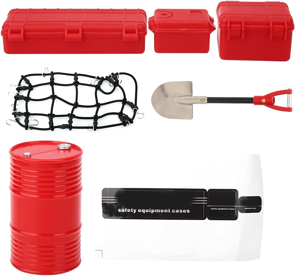RC Car Decorative Tools Set, RC Accessory Kit with Oil Barrel Storage Box Shovel Luggage Net Sticker for Hsp Axial scx10 D90 Hpi (Red)