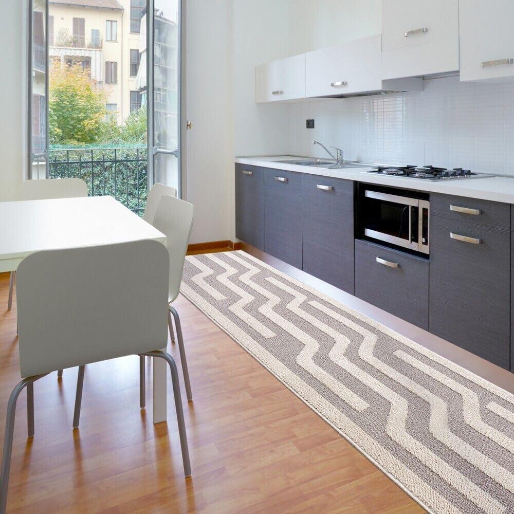 emmevi Tappeto Cucina A Righe 3D Morbido Bordato Passatoia Ingresso Assorbente Antiscivolo 57x145 Beige