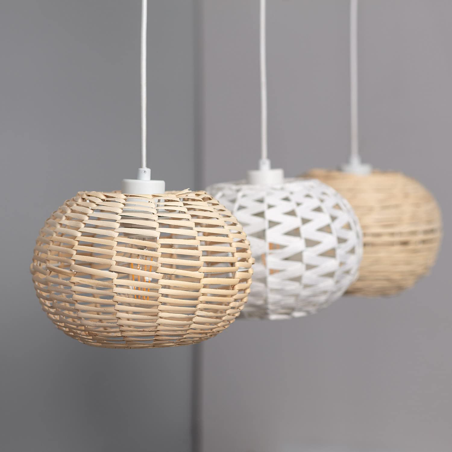 LEDKIA Lámpara Colgante Ratán y Madera Linfen Natural | Diseño Boho-Chic | Compatible con Bombillas E27 | Cable y Altura Ajustables | IP20 Interior; Color Natural
