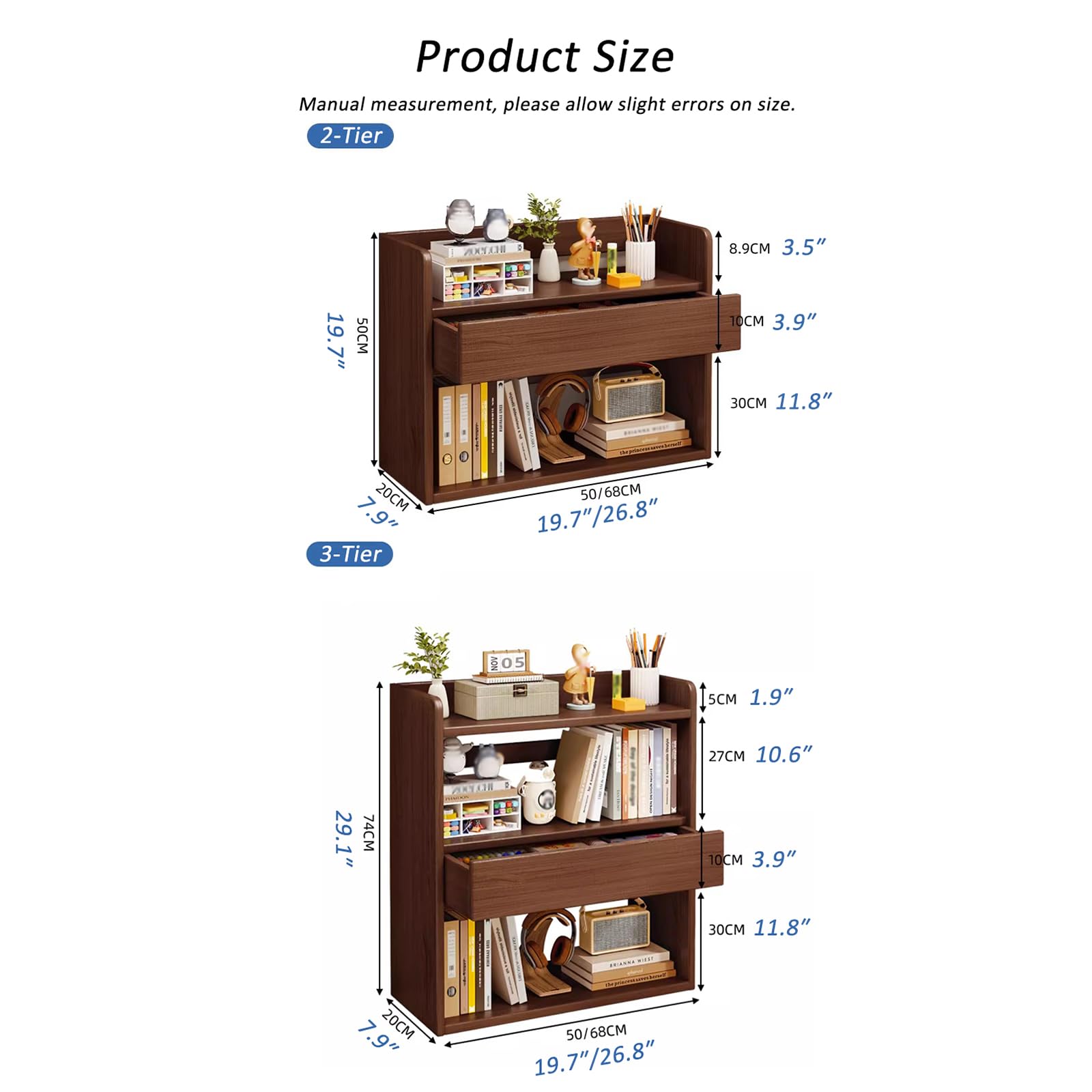 Schreibtisch-Organizer aus Holz mit Schublade, 2/3-stöckiges Tischregal, Schreibtisch-Präsentationsständer, Bürobedarf-Organizer-Ständer (Nussbaum, 3-stöckig – 67 cm)