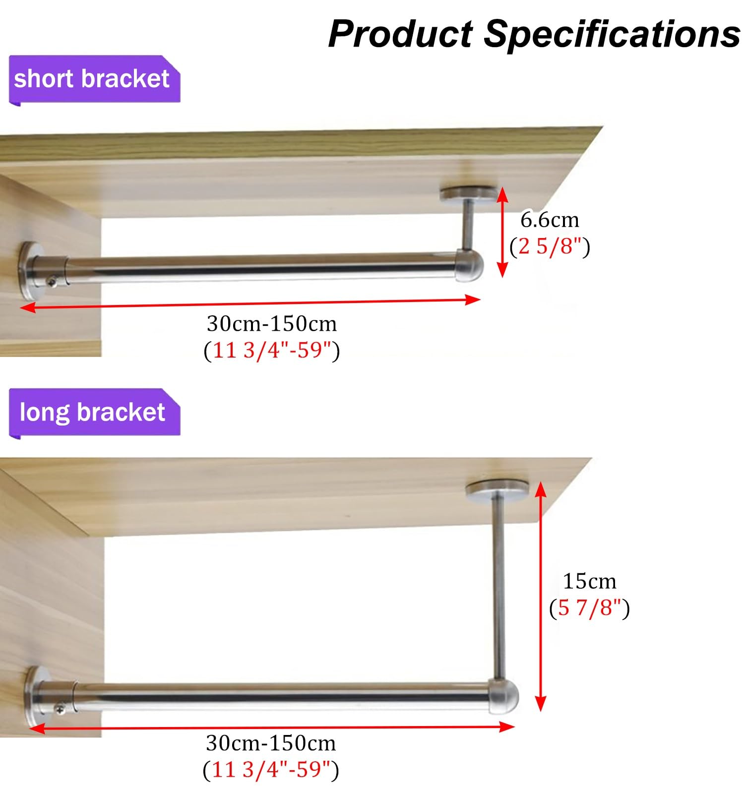 Barra de armario en forma de L con soporte, varillas de acero inoxidable para colgar ropa debajo del armario, barra de 100 cm (soporte corto)