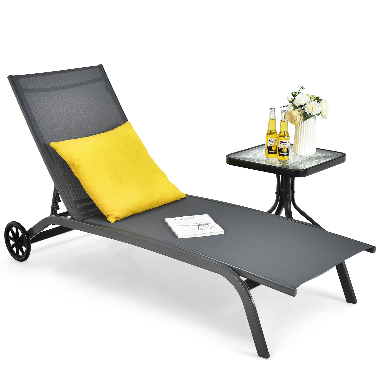 KOMFOTTEU Set di 2 Lettini Prendisole Pieghevoli e Tavolino, Lettini da Spiaggia con Poggiatesta e Schienale Regolabile, Sedie Sdraio Portatile con Borse Laterali per Giardino, Piscina (Blu Marino
