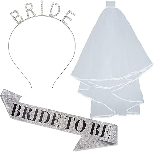 Miniatura 1 de Juego de diademas de novia plateadas y velo de novia blanco con peine y banda plateada para novia, 3 piezas con brillantina, regalos de despedida de