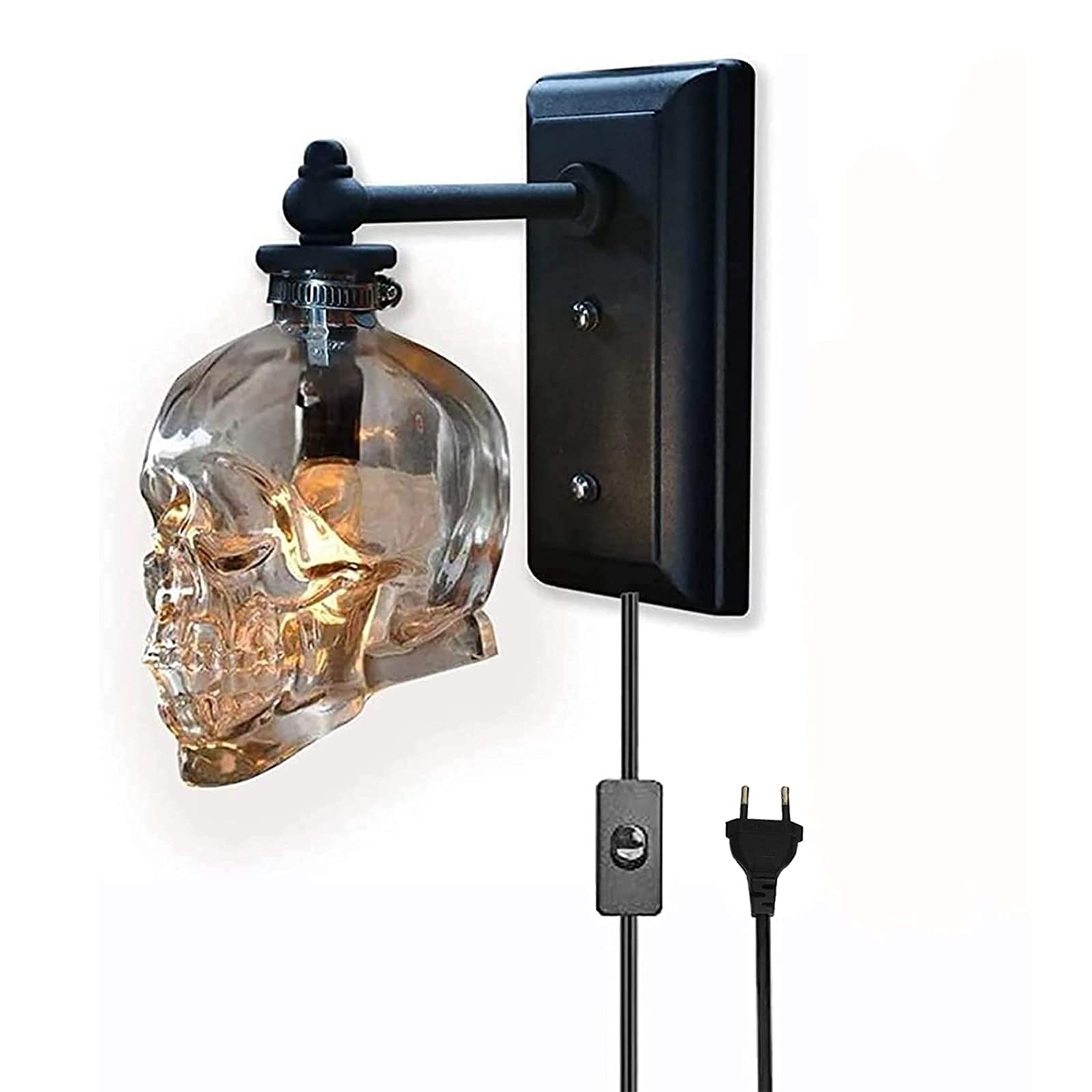 VOMI Retro Wandlampe mit Schalter, E14 Fassung Totenkopf Wandleuchte Halloween Schädel Lampe Indirekte Wandbeleuchtung Innen mit Eu Stecker Kabel, Schwarz, 2 Stück