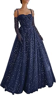 Sparkly Starry Tulle Prom Dresses for Women Long Sleeves Spaghetti Straps Long Formal Evening Party Gowns - Buy now