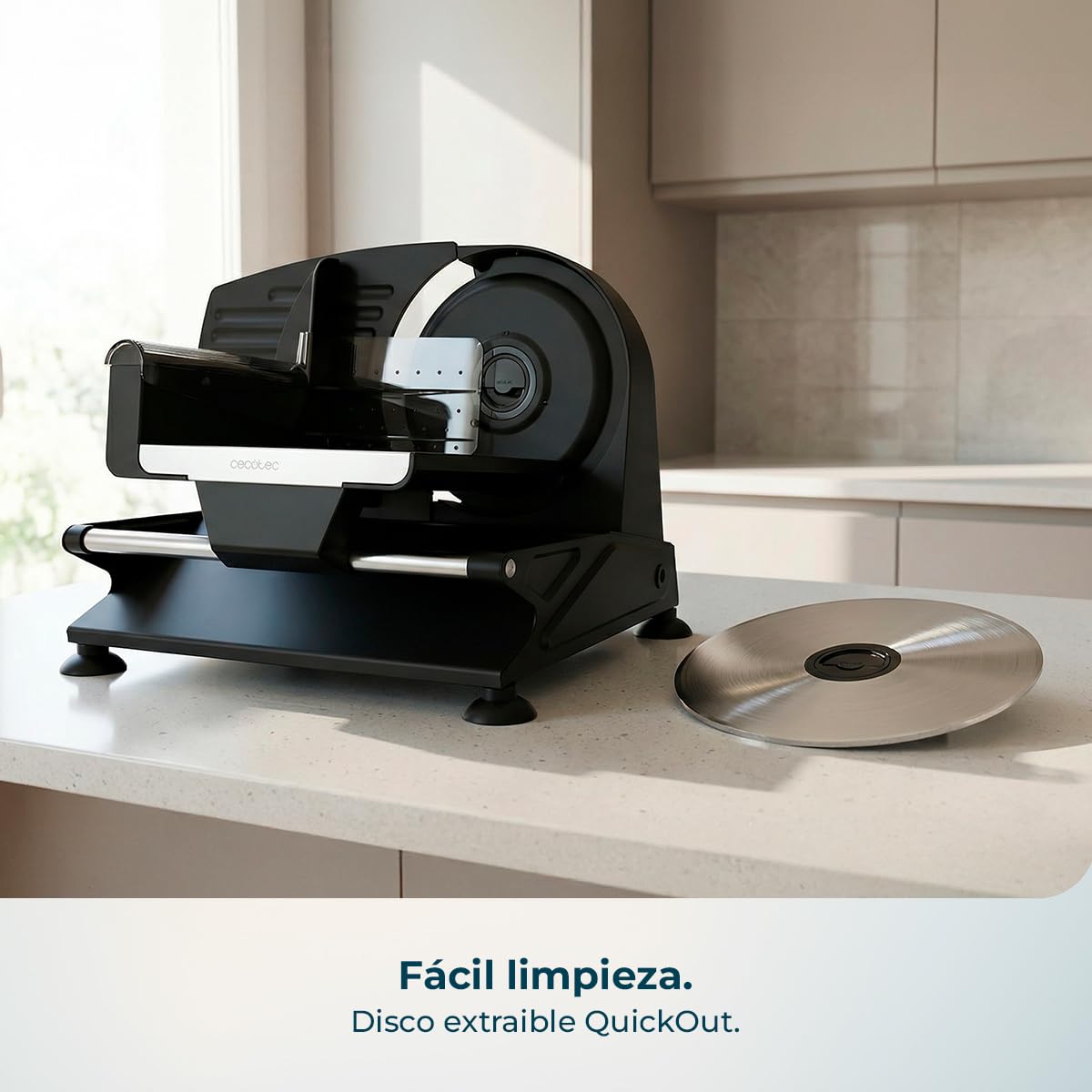 Cecotec Cortafiambres de Acero Rock'nCut Shuriken Steel ProBlades. 200W, Cuchilla Alemana Solingen 190mm, Ajuste Grosor 0-15mm, Disco Extraíble QuickOut, Cortes Finos y Precisos