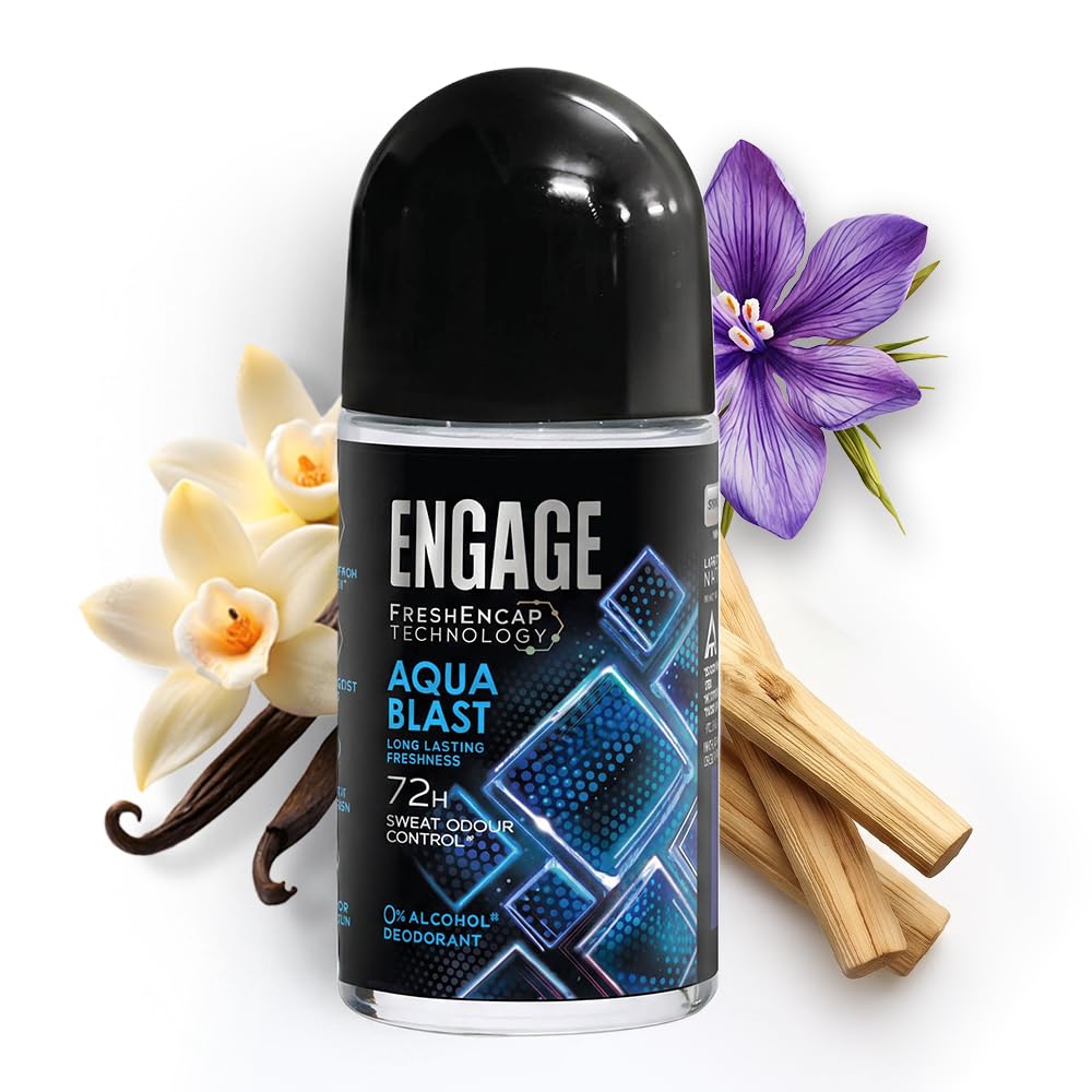Engage Aqua Blast Underarm Roll On Deo for Men|72 Hour Sweat & Odour Protection| Advanced Antiperspirant Formula|FreshEncap Technology |Non Sticky| 0% Alcohol | Dermatologically tested|50ml