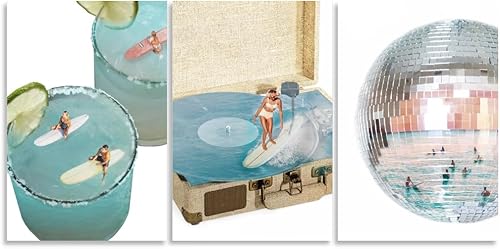 Miniatura 1 de HUYKON Surreal - Juego de 3 lienzos de pared en lienzo azul de verano, pósteres retro de surf, cóctel, surfistas, tocadiscos, ondas, pelota de