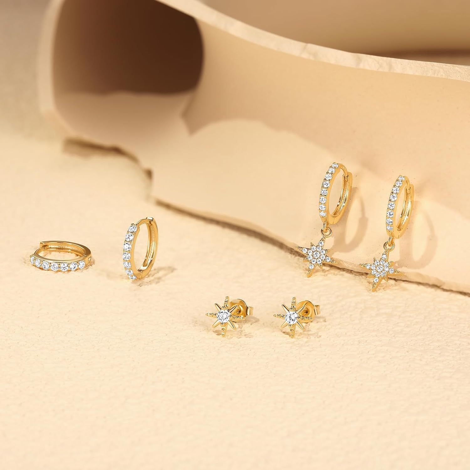Angelady 14K Gold Plated Earring Sets for Women, Dainty Sun Star Stud Earrings for Multiple Piercing, Trendy Hypoallergenic Huggie Hoop Earrings, Cartilage Dangle Earring Stacks Jewelry Gifts - Image 6