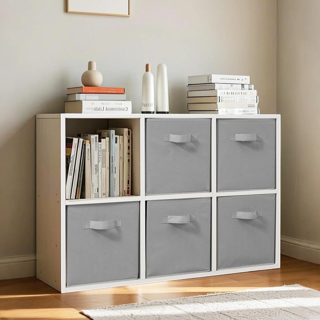 Easi 11 inch Cube Storage Bins, 6 Storage Cube Organizer, Collapsible Fabric storage cubes with Handles, Closet Storage Basket For Organization, Shelf Basket For Shelves Clothes Books, Gray