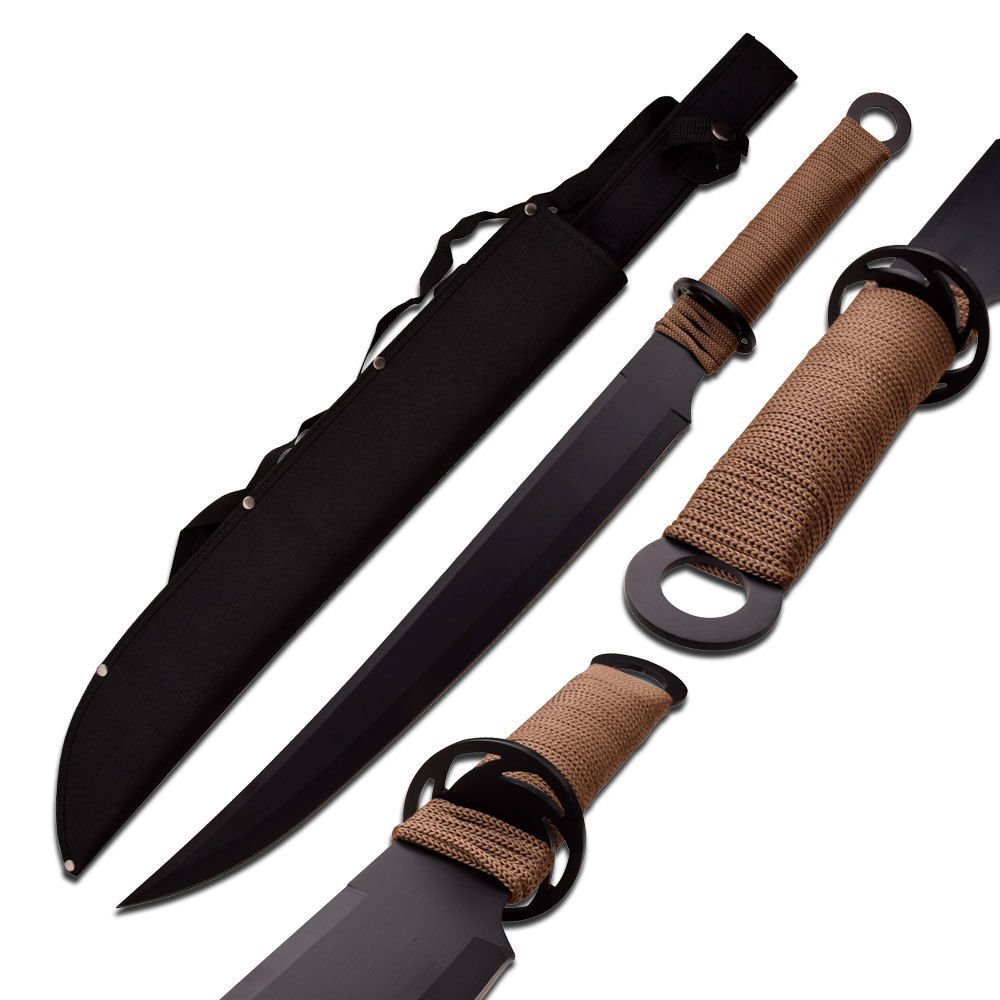 NewPrKnife Fantasy Sword with Carbon Sharp Blade Durable 25" Black Blade Barbarian Warrior Brown Short Sword with Carbon Sharp Blade Durable + Sheath