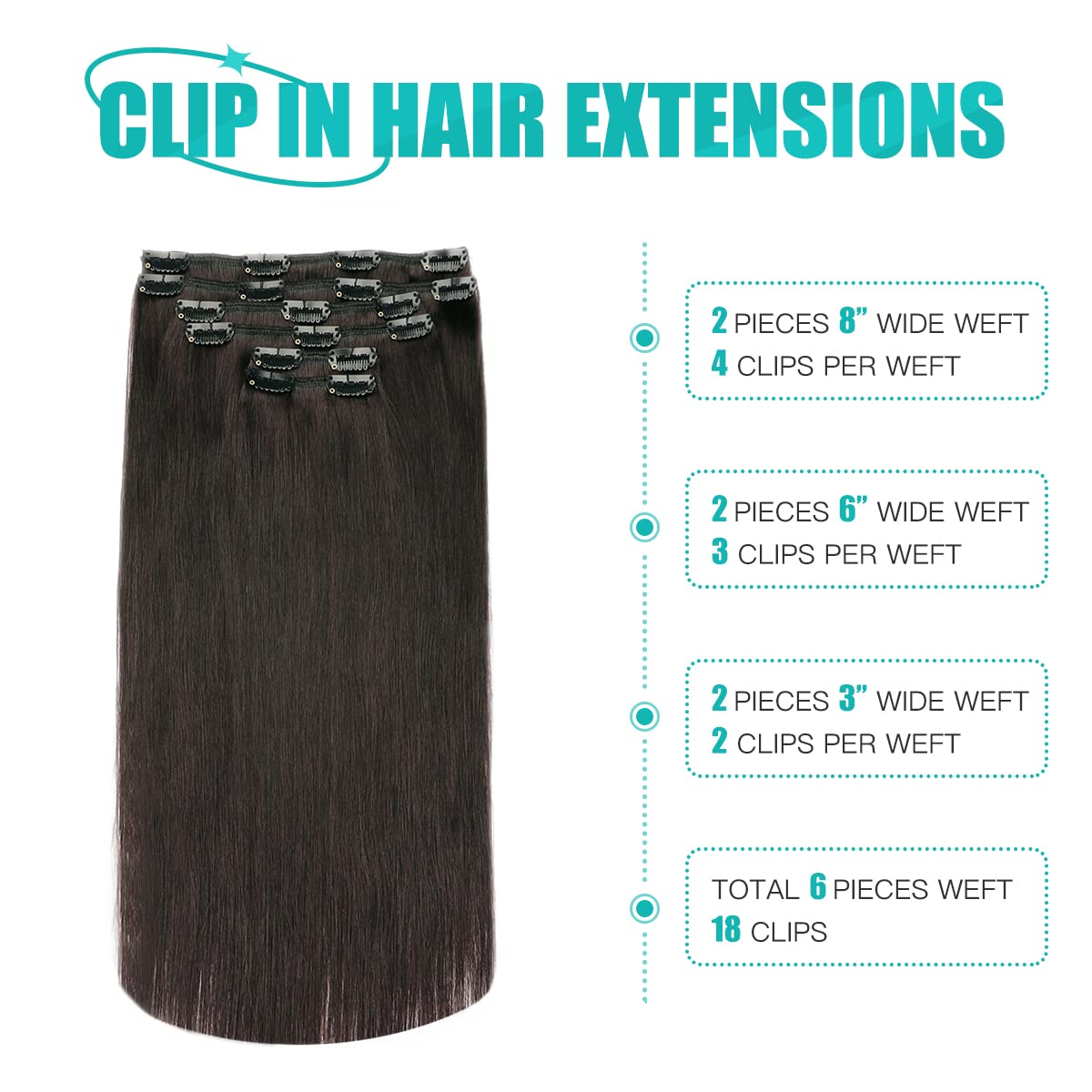 SURNEL Clip in Hair Extensions Real Human Hair Natural Black Silky Straight Hman Hair Clip in Extensions for Women 20 Inch 120g 6pcs Straight Thick Remy (C#1B - Image 3