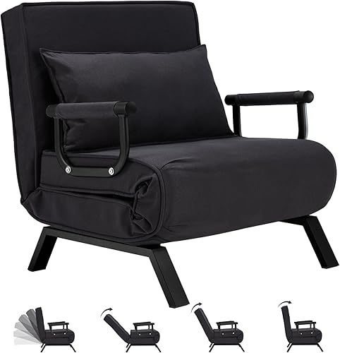 Silla Cama Convertible Sleeper, Sillón Tapizado Tri-plegable con Almohada, Sofá Chaise Lounge Plegable de Ocio, Respaldo Ajustable de 6 Ángulos Cama