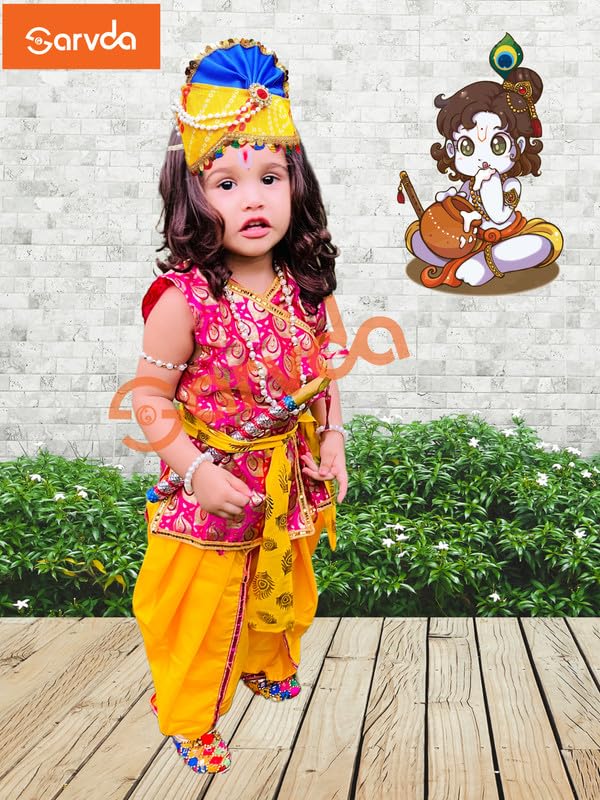 Image of Sarvda Shree Krishna Dress for Baby Boy & Radha Dress for Girls | Janamashtami Dress | Fancy Dress Costume with Accessories Dhoti, Dupatta, Mukut Flute Complete set, Ethnic wear