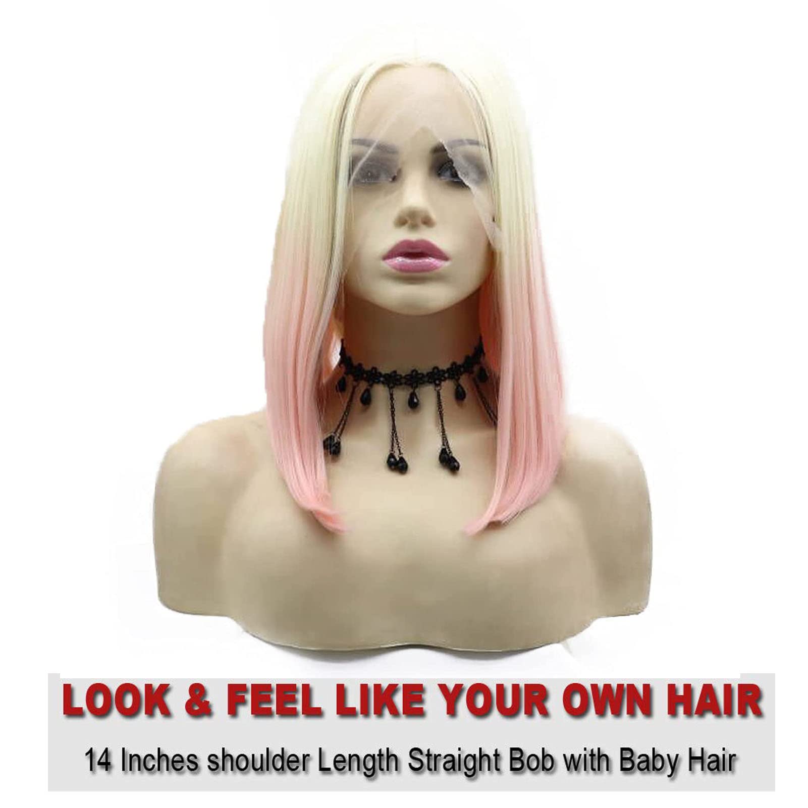 Pink Blonde Short Wigs for Black Women Rainbow Bob Lace Front Wig Handmade Lace Frontal Pastel Real hair Wigs Glueless Synthetic Heat Resistant Cosplay Makeup Daily Afro Ladies Drag Anime 14 Inch - Image 3