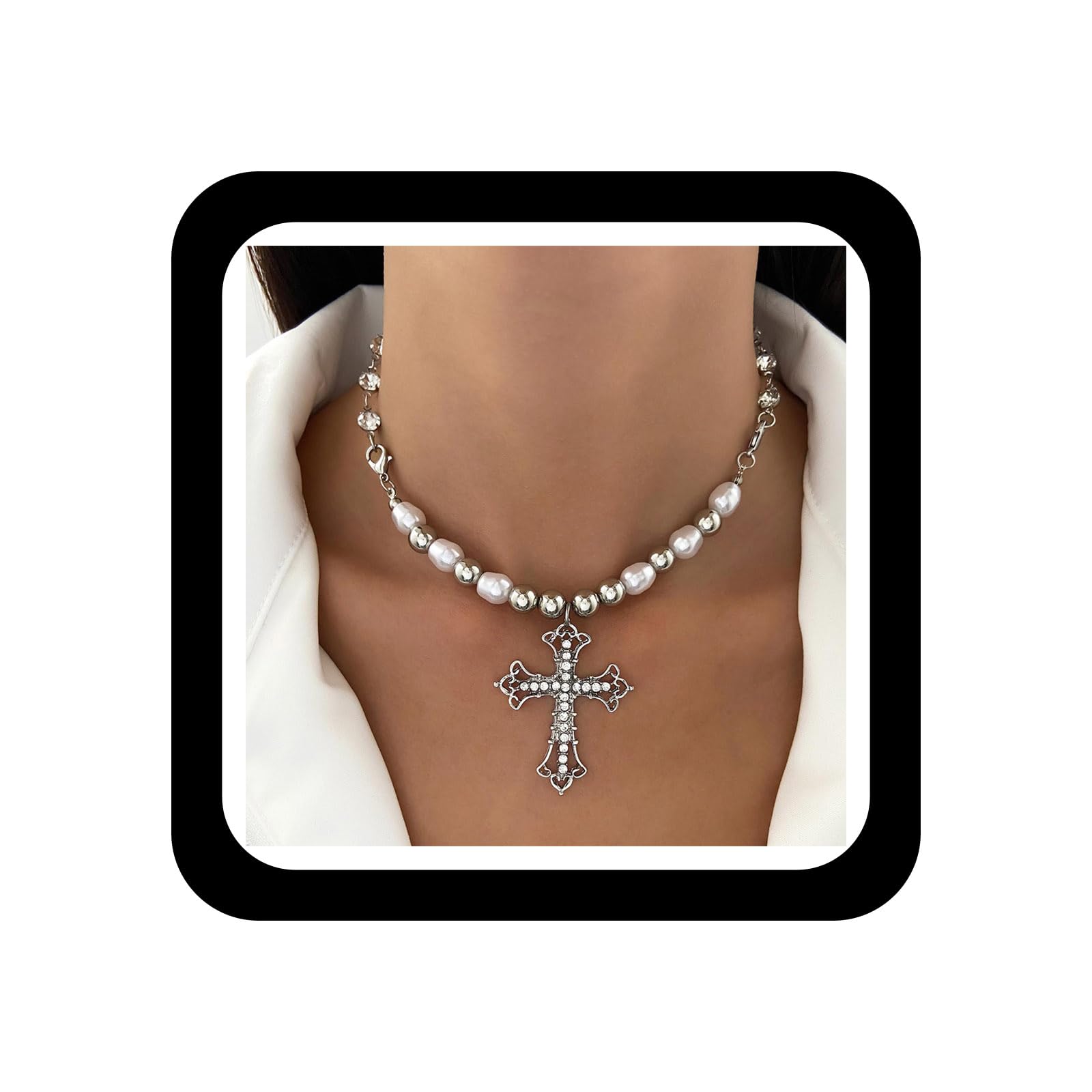 Disshowme Collana Punk Con Ciondolo Croce Di Perle E Cristalli: Gioiello Vintage Strass Per Donna, Stile Cyberpunk - 4
