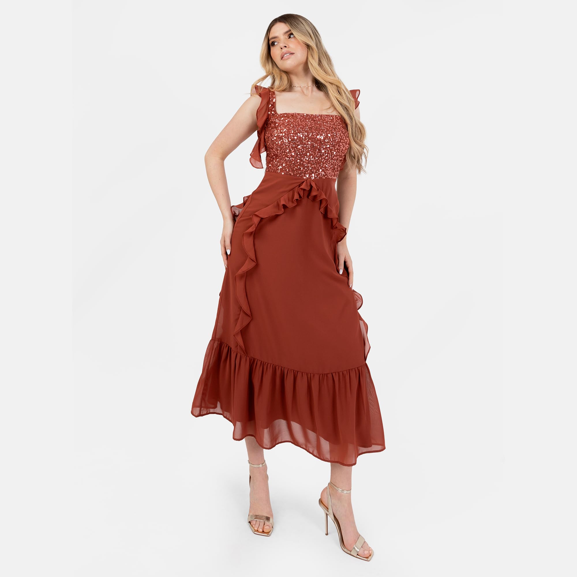 Maya Deluxe Vestido Midaxi para Mujer, sin Mangas, Cuello Cuadrado, Lentejuelas, Adornado, Volantes, Acampanado, Dobladillo Escalonado, Vestido de Baile de graduación