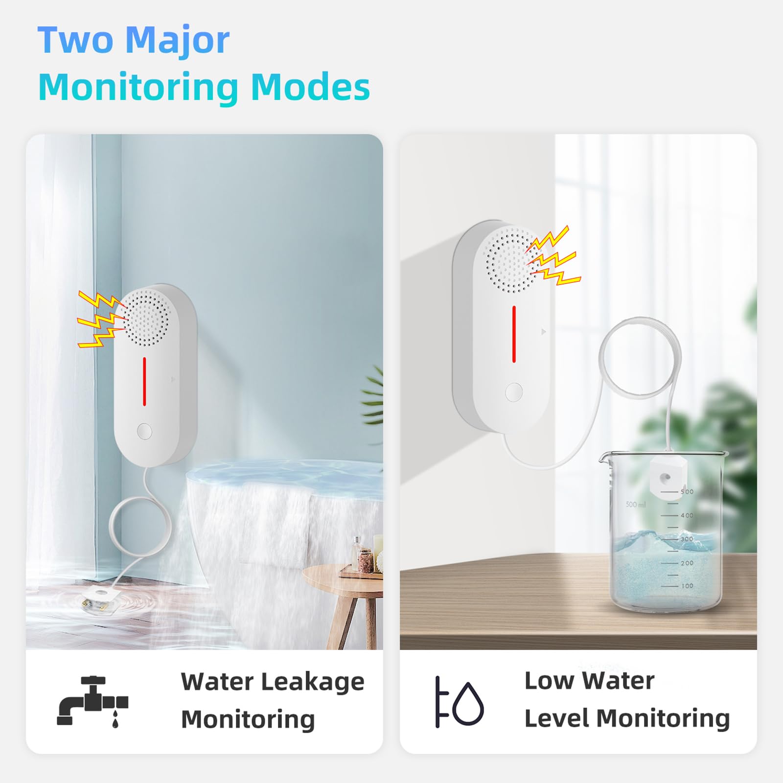 Cuteefun Detector de Fugas de Agua WiFi, Alarma de Bajo Nivel de Agua, Alarma de Agua Fuerte de 100dB, Sensor de Agua Inalámbrico con Control Remoto Tuya/Aplicación Smart Life para Baño, Cocinas