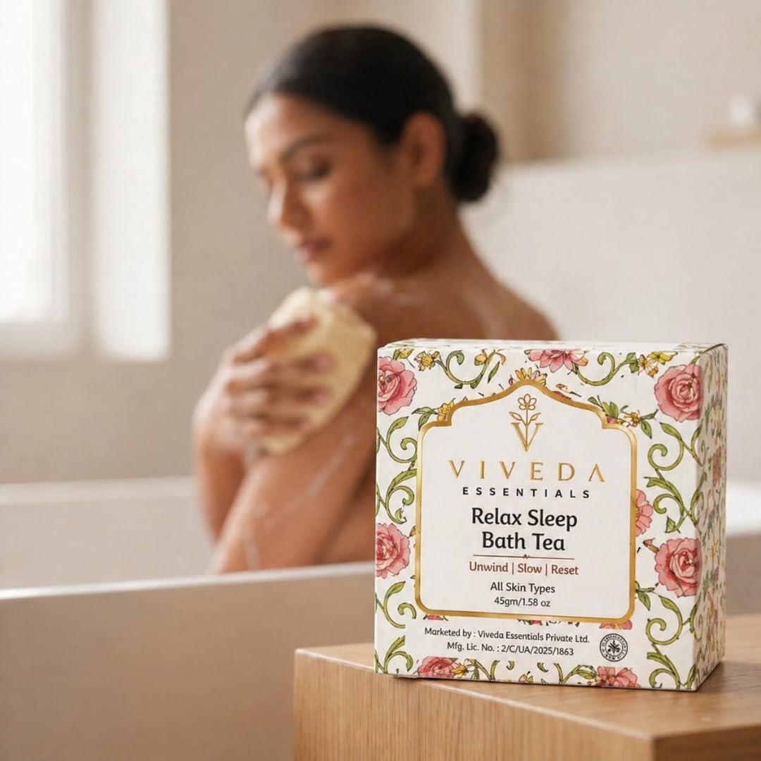 Viveda Essentials | Viveda Essentials Relax & Sleep Bath Tea | Organic Herbal Bath Soak for Deep Relaxation & Stress Relief | Calming Aromatherapy with Rose, Vetiver & Basil | Sleep Support Bath Soak | 90g 1