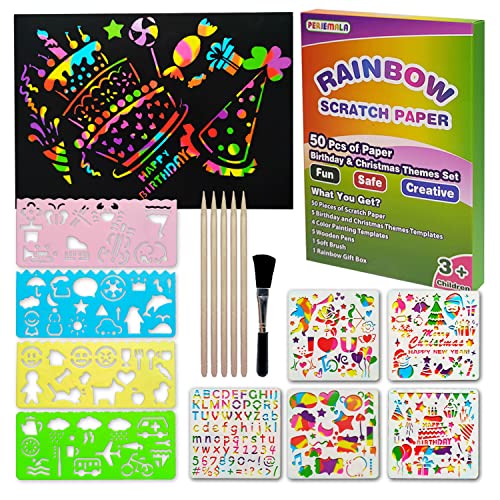 65Pcs Rainbow Scratch Paper for Kids, Magic Art Crafts Set for Girl, Scratch Art Supplies Kits for Boy (Wooden Stylus, Stencils, Soft Brush), Black Card, Birthday, Christmas, Halloween Themes Gift