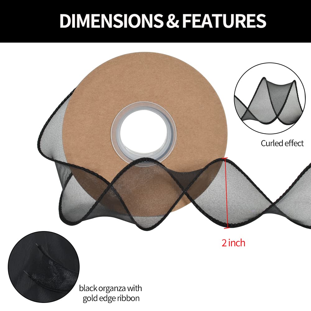 TONIFUL 1-1/2 Inch Wide Black Wired Chiffon Ribbon Sheer Organza Ribbons for Crafts Floral Bouquets Wedding New Year Eve Party Decorations Valentine's Day Gift Wrapping Bow Making Tree Wreaths (10yd) - Image 2