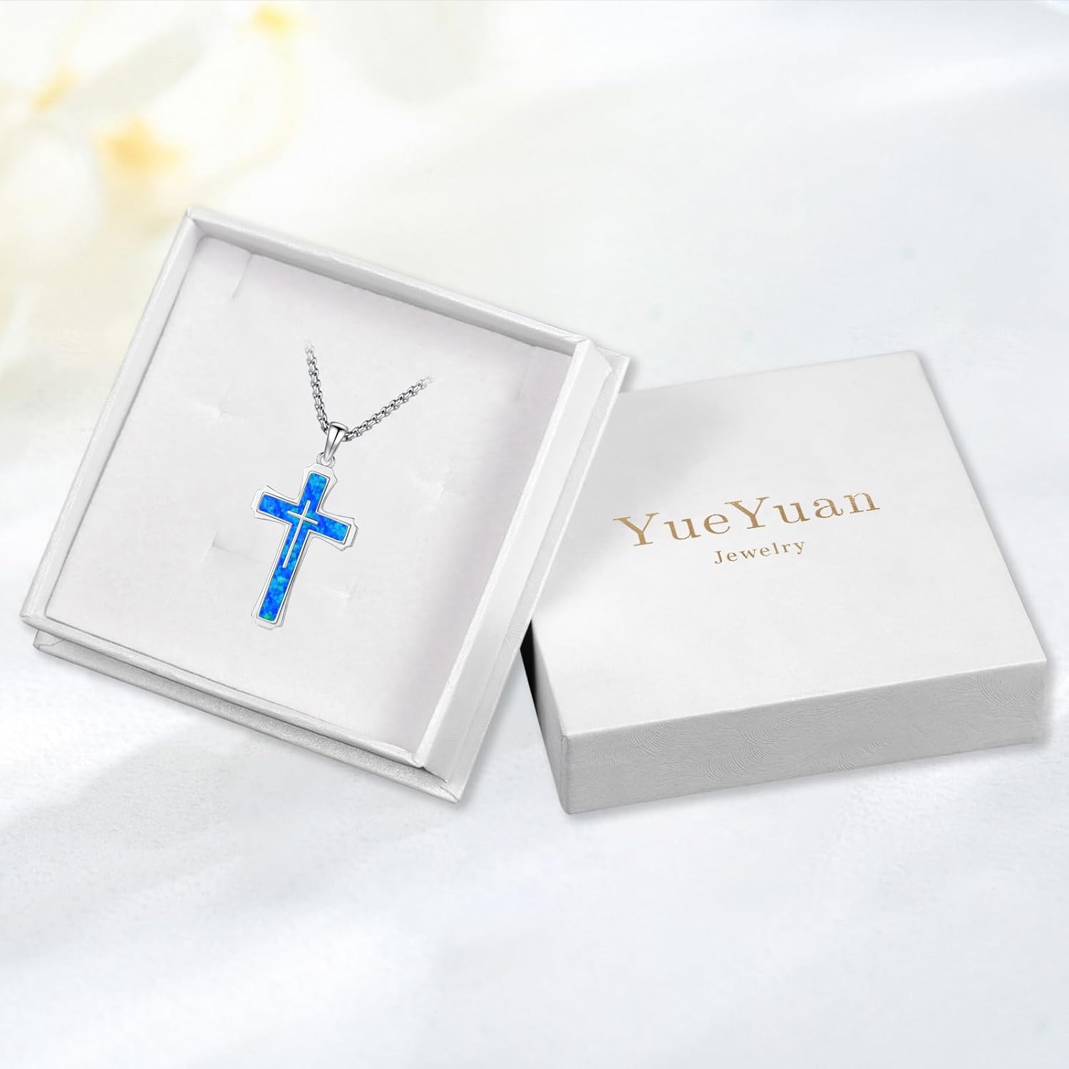 YueYuan Cross Necklace for Men 925 Sterling Silver Abalone Shell/Opal/Malachite/Turquoise/Lapis Lazuli/Obsidian/Tiger Eye Stone/Red Coral/Black Tourmaline/Celtic/Ankh Cross Pendant Religious Jewelry Gift（Blue Opal） - Image 8