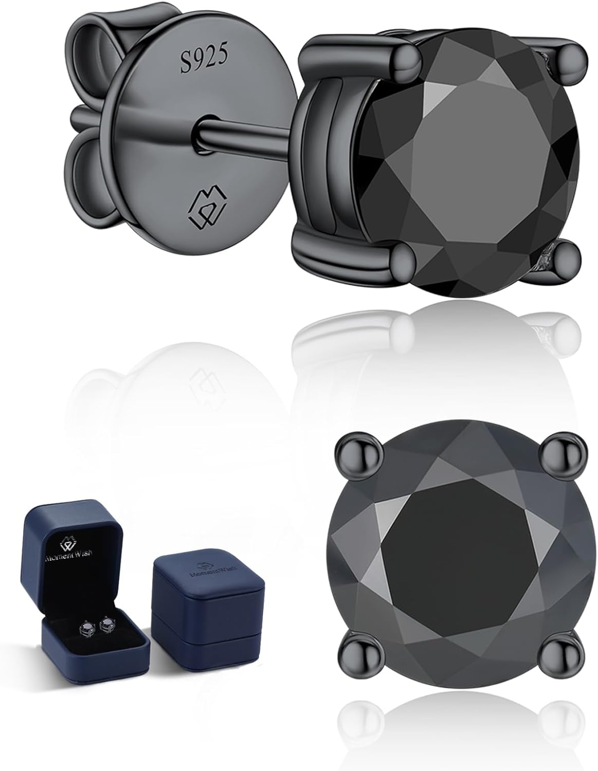 MomentWish Black Stud Earrings for Men Women, 1/2 Carat Black Lab-created Moissanite 925 Sterling Silver Stud Earrings Anniversary Birthday Christmas Gifts for Her or Him