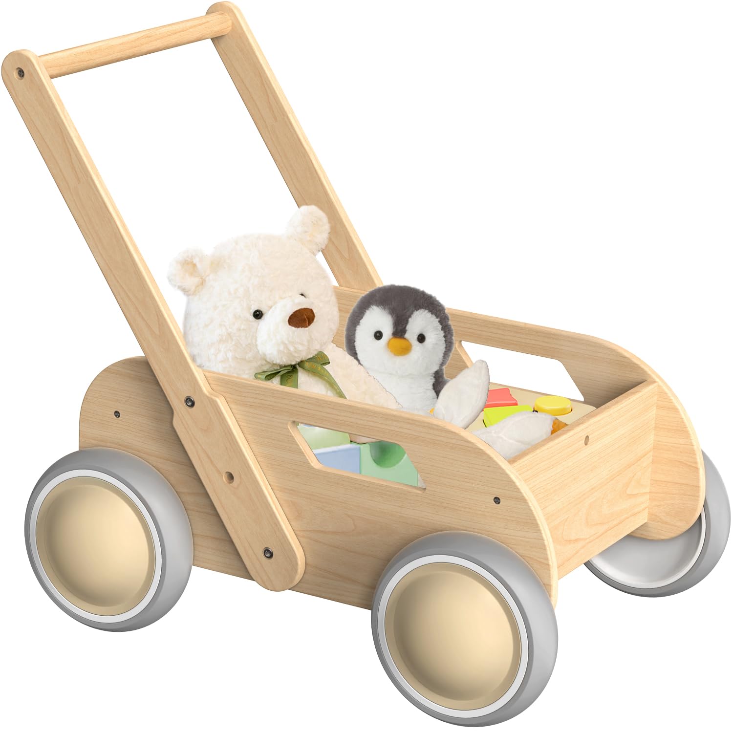 Girello in legno, per imparare a spingere e tirare, per neonati e bambini, con ruote, regalo per compleanno e Natale, naturale