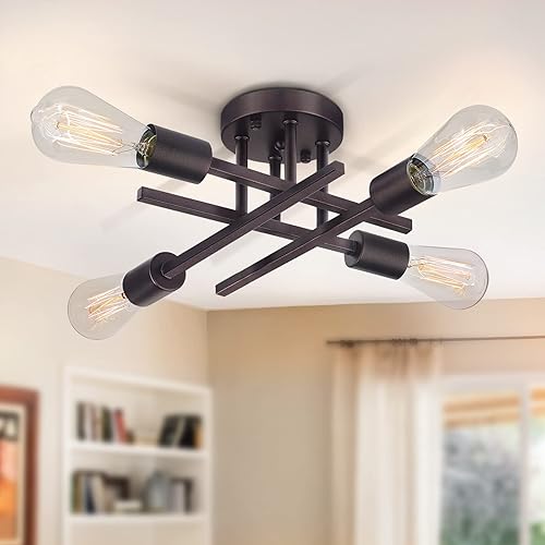 Miniatura 8 de SunRider Luminaria Industrial de Techo Semiempotrada de 4 Luces, Luces de Techo de Granja de Bronce, Lámpara de Araña Sputnik de Metal Rústico para