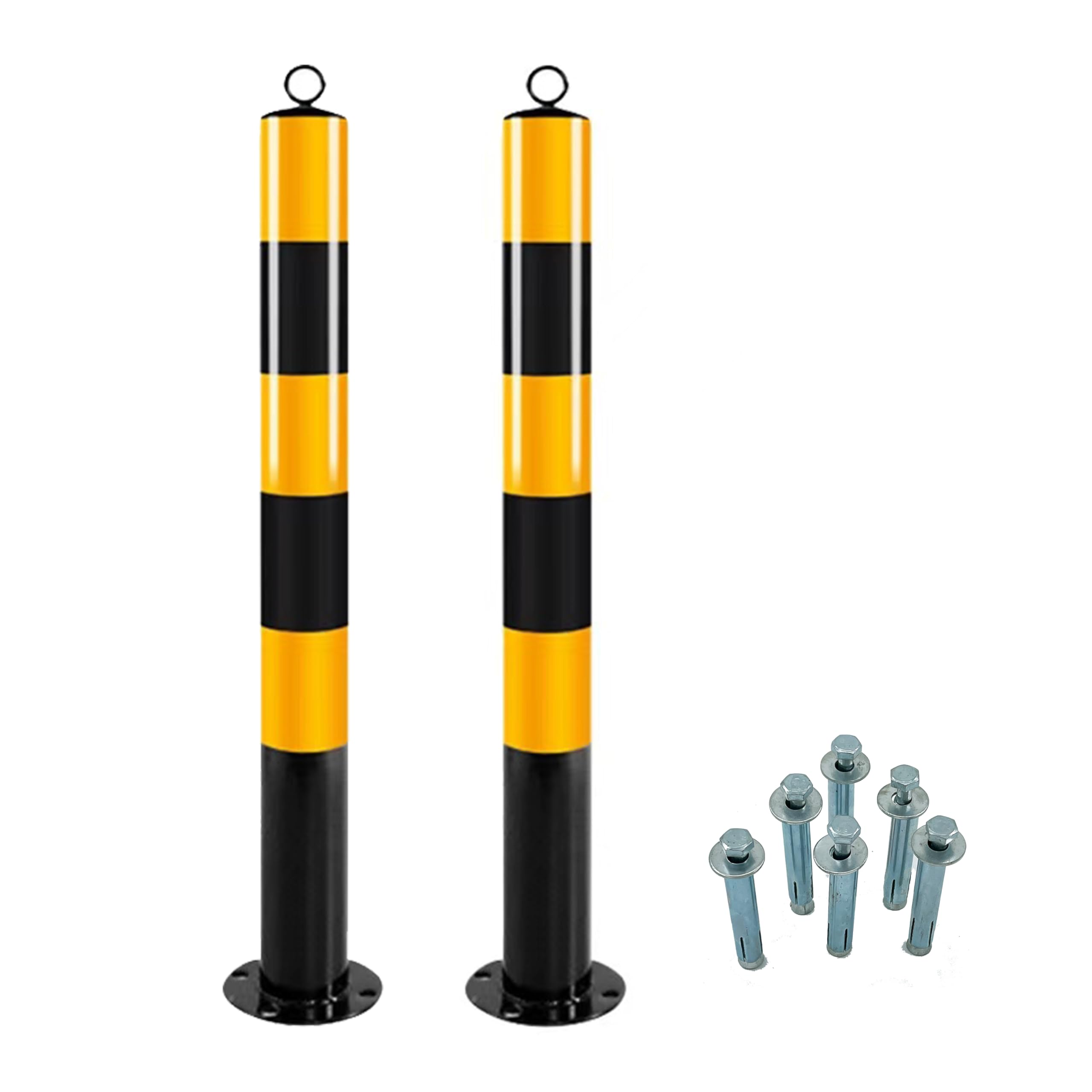 2 postes de barrera negro y amarillo, diámetro de 76 mm, altura de 750 mm, con ojal, robustos y resistentes a la intemperie, ideales para aparcamientos, garajes e industria