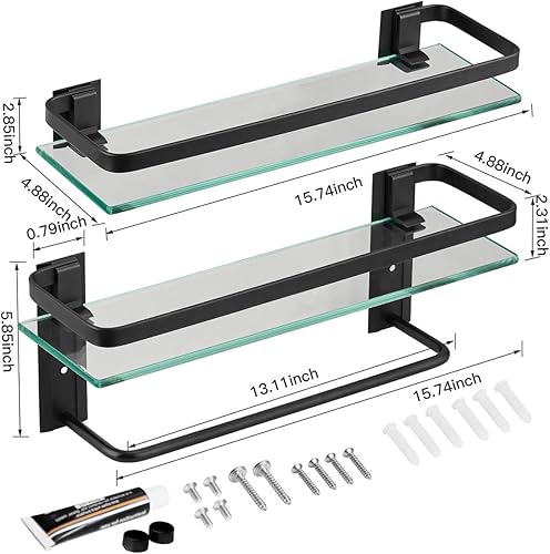 Miniatura 2 de Estante de baño de cristal con toallero VOLPONE resistente al óxido de metal montado en la pared estantes de almacenamiento para cocina y baño