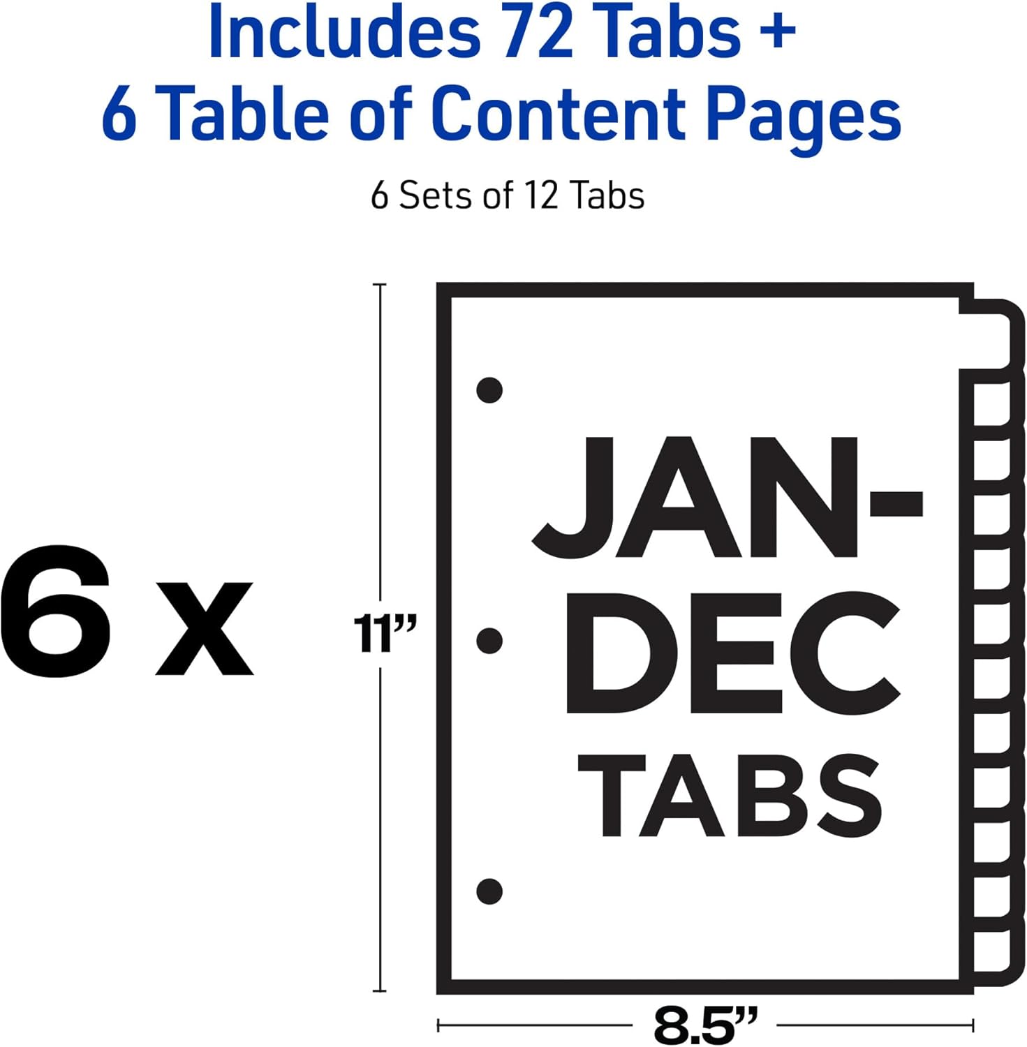 Avery Jan-Dec Dividers for 3 Ring Binders, 12 Tabs per Set, Customizable Table of Contents, Classic White Tabs, Great for Organizing Reports, Projects, and More (6 Sets of 11826)