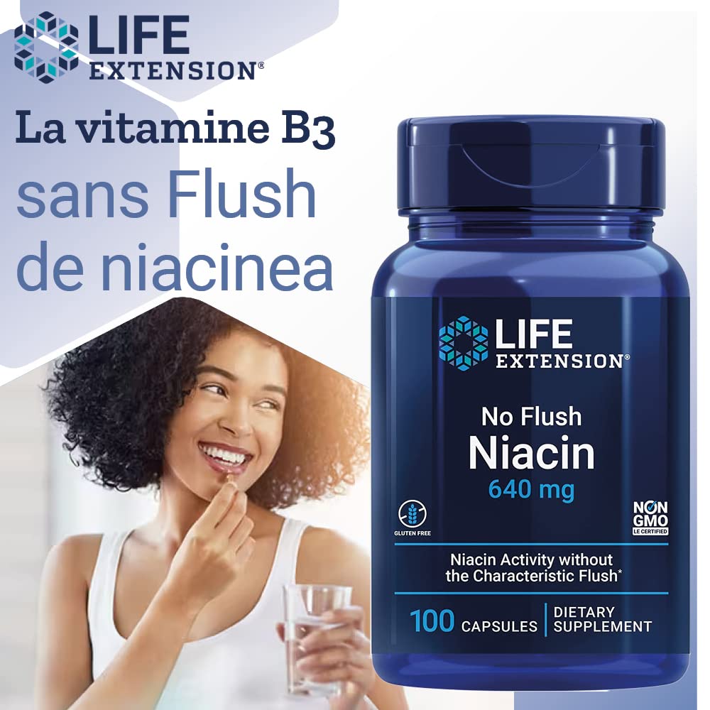 Life Extension, No-Flush Niacin (Vitamine B3 Sans Flush), Hautement Dosé, 100 Capsules, Testé en laboratoire, Sans Gluten, Sans Soja, Sans OGM