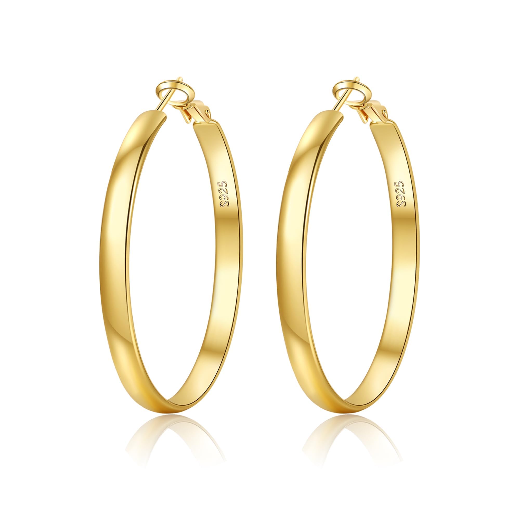 EXGOX Pendientes Mujer Plata 5MM Ancho Pendientes Aro Mujer Hipoalergenicos Pendientes Plata de Ley 925 Grandes Pendientes Dorados 14K Pendientes Aros Dorados 30/40/50/60/70mm