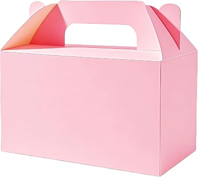 PEIQICHU 24 Pack Candy Treat Boxes Snack Goodie Bags Party Favors Box Party Gift Bags for Birthday, Baby Shower, Weddings Cardboard Candy Containers With Handle, Gable Style, Pink