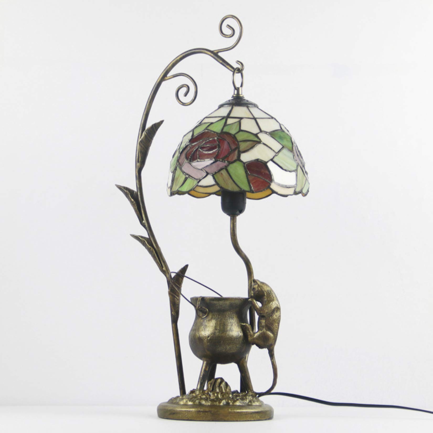 GDLight Tiffany Style Kreative Tischlampen Pastoral Rose Buntglas Schreibtischlampe Harz Cartoon Maus Base Nacht Leselampe für Kinderzimmer Wohnzimmer Schlafzimmer Cafe Bar