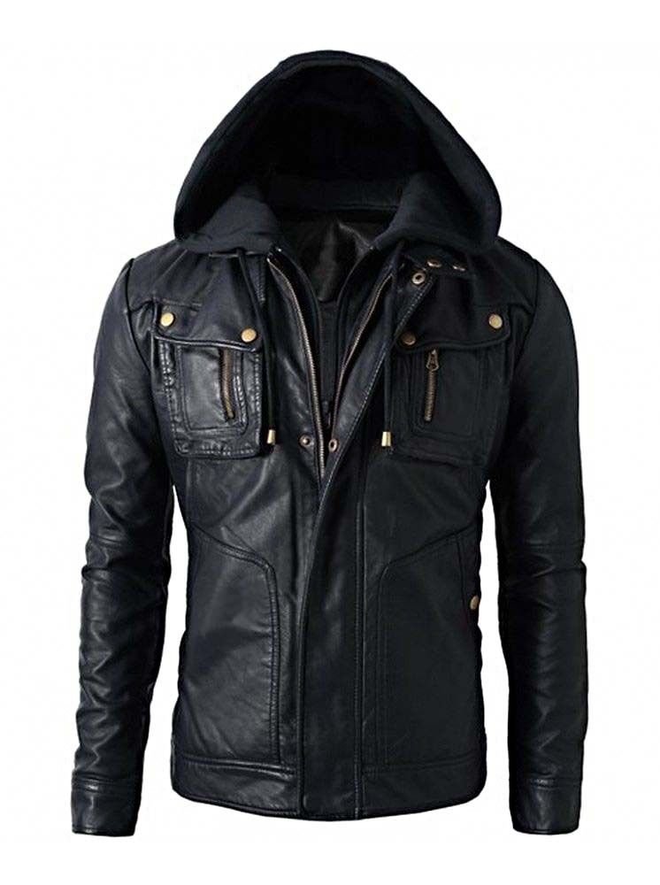 Superior Leather Garments Men's Black Slim Fit Hooded Biker Leather Jacket, L-Person With Chest 41 Inch