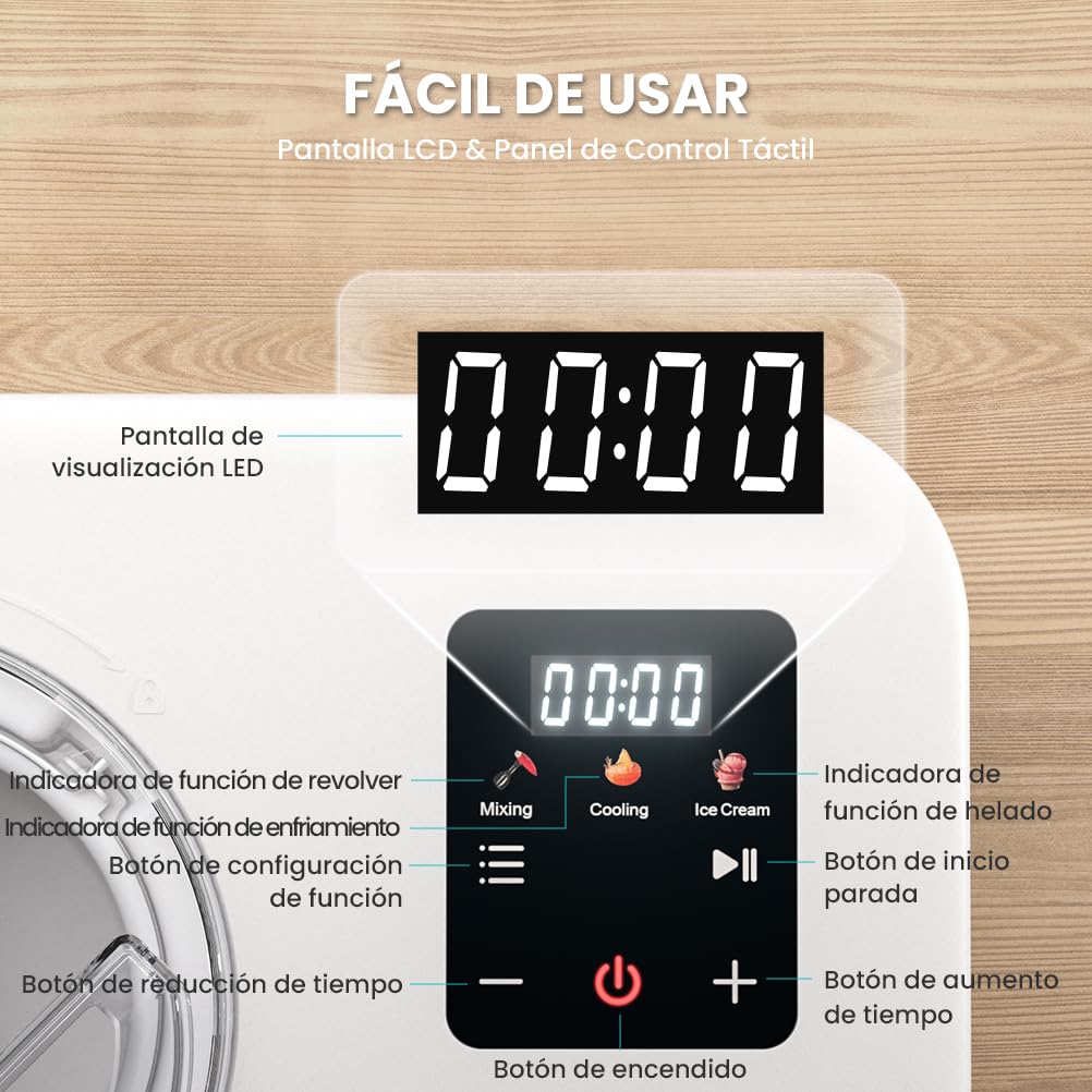Máquina Para Hacer Helados con Compresor 1,2L, Heladera Eléctrica, Heladera Profesional, 110W, Pantalla Táctil, Cubo de Aluminio Extraíble, Receta & Cuchara, No Requiere Precongelación