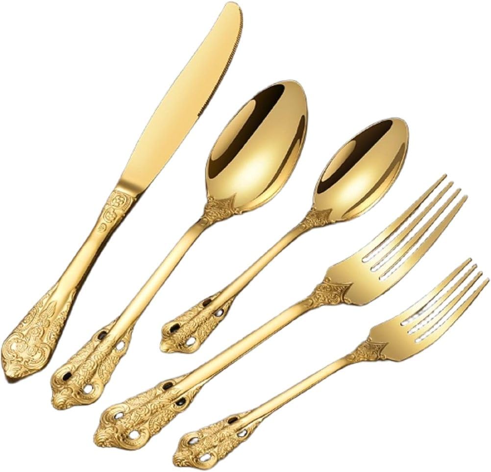 Ensemble de Couverts en Or de Luxe, Ustensiles en Acier Inoxydable de Style Victorien Orné, Couverts à Manche Creux Rétro Royal, Vaisselle Dorée 5 Pièces pour Mariages