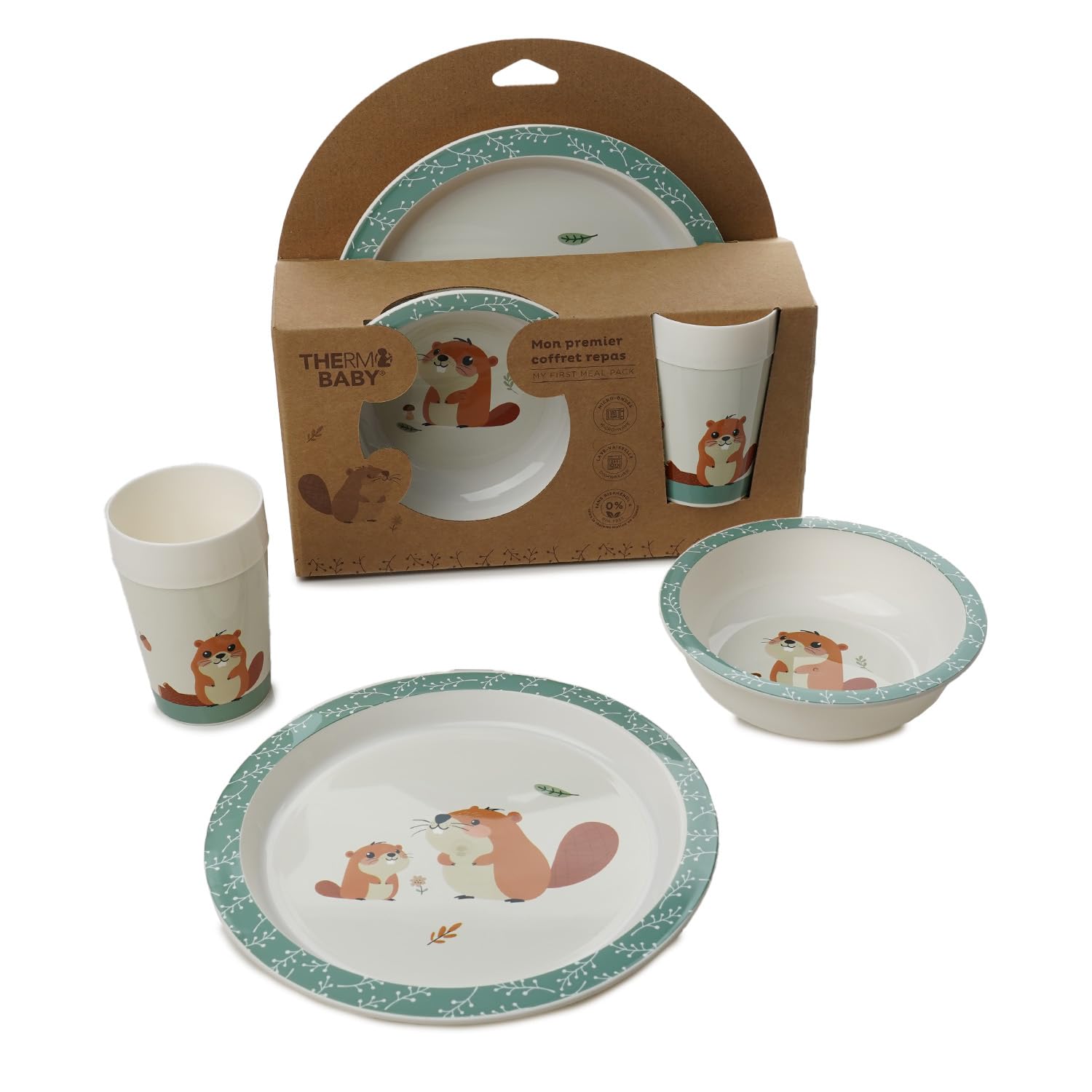 THERMOBABY - Coffret Repas Castor - Ensemble Repas pour Enfant avec Assiette, Gobelet et bol - Idéal à offrir - Pratique et Design - Passe au Micro-Ondes - Coffrets Repas Pour Enfant sans BPA